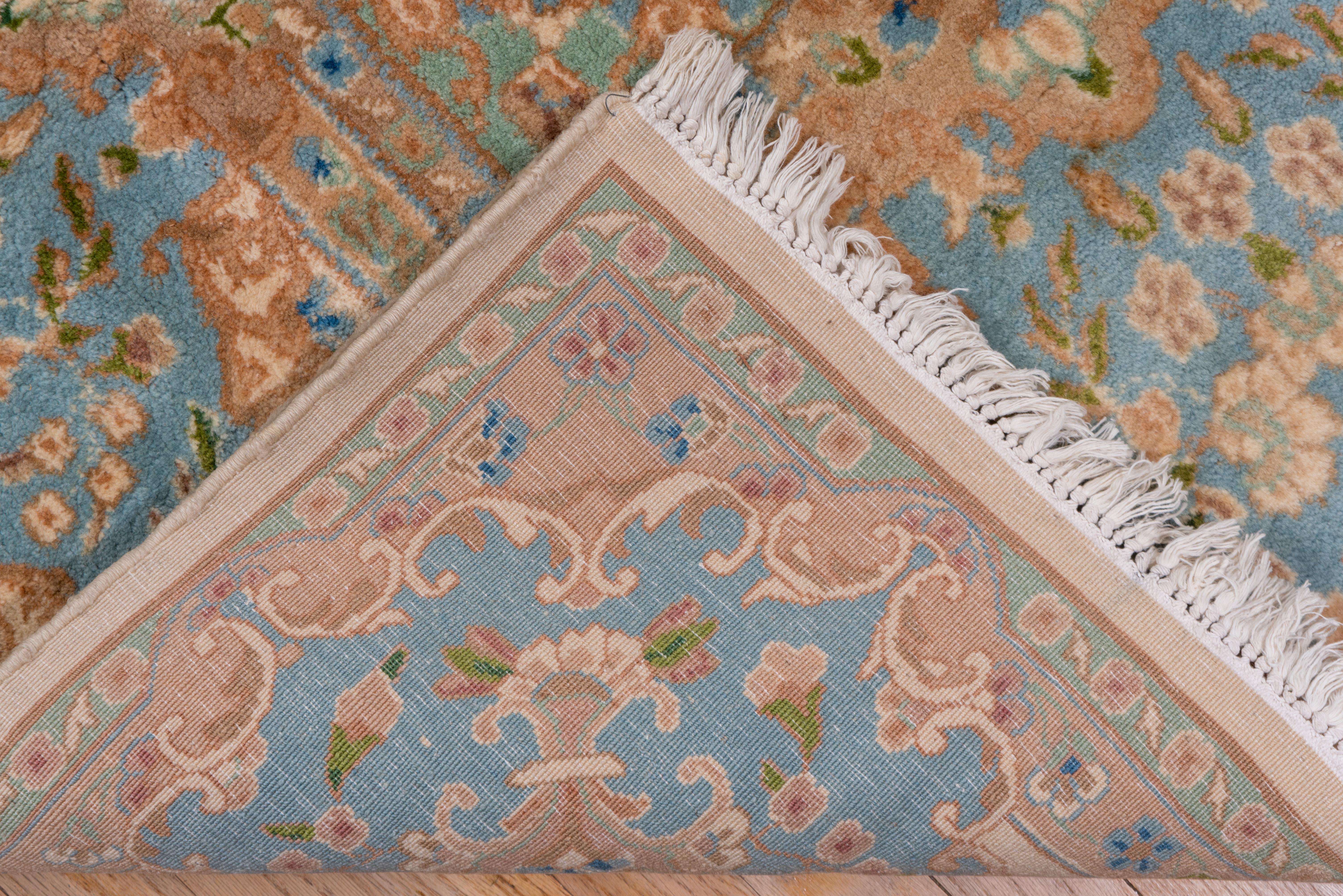 Wide Antique Persian Kerman Gallery Carpet, Ivory Field, Light Blue Accents In Good Condition For Sale In New York, NY