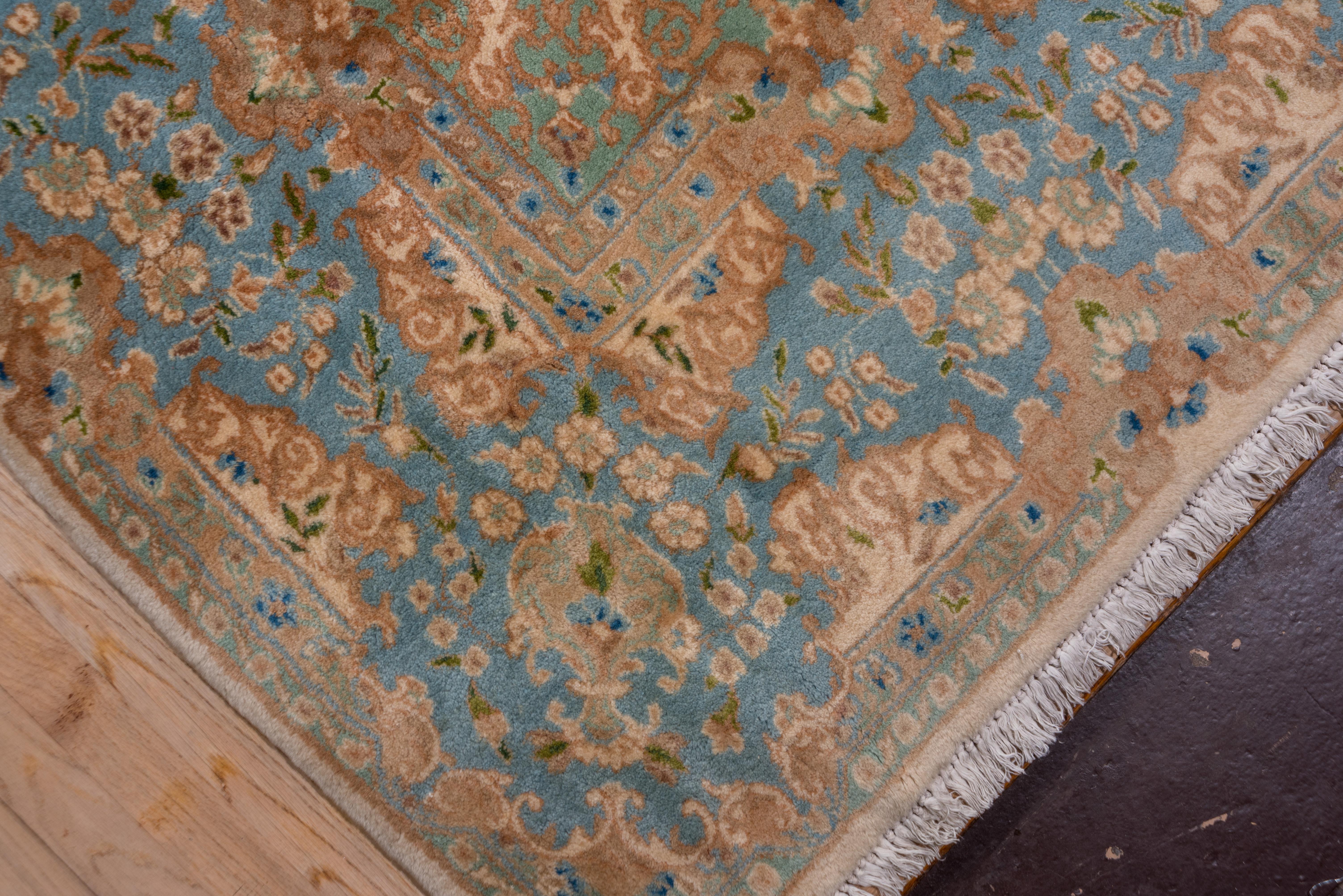 Mid-20th Century Wide Antique Persian Kerman Gallery Carpet, Ivory Field, Light Blue Accents For Sale