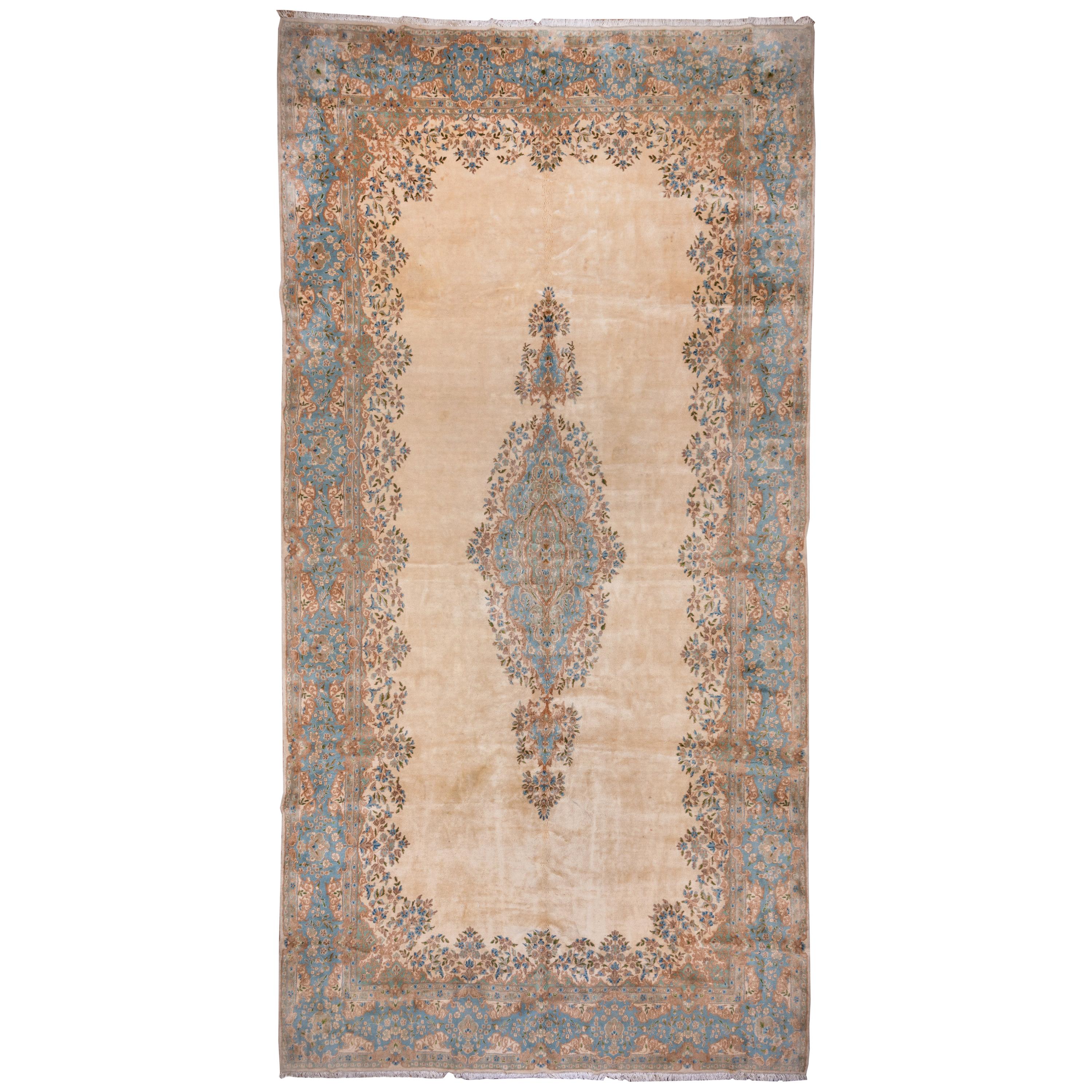 Wide Antique Persian Kerman Gallery Carpet, Ivory Field, Light Blue Accents For Sale