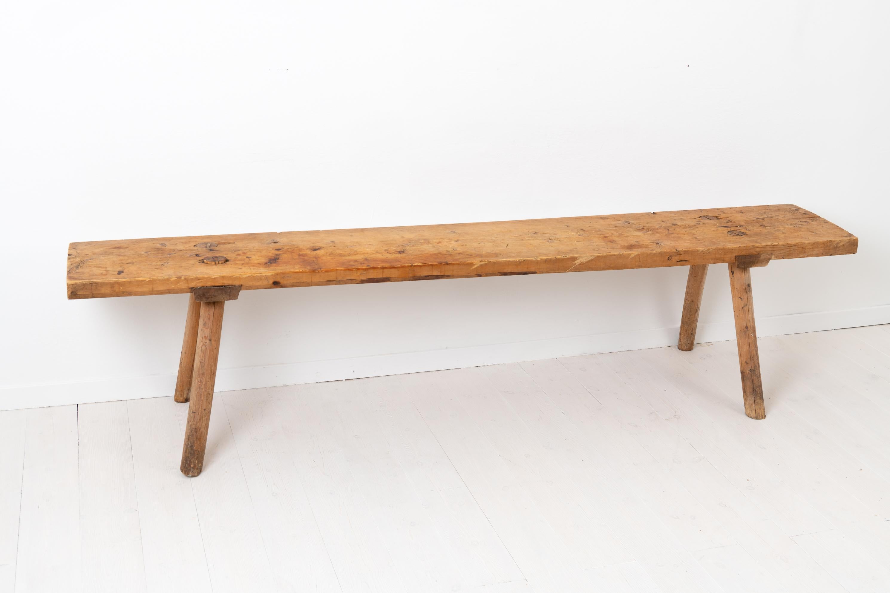 Wide Antique Swedish Solid Pine Bench 1