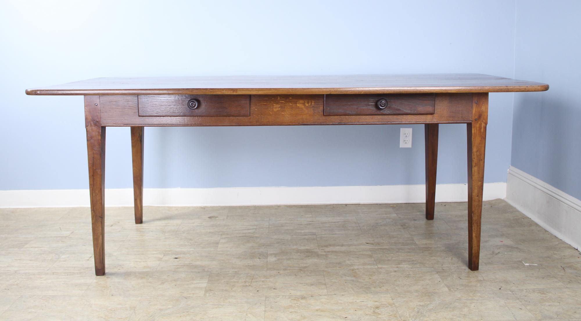 French Wide Antique Walnut Dining Table, Two Drawers