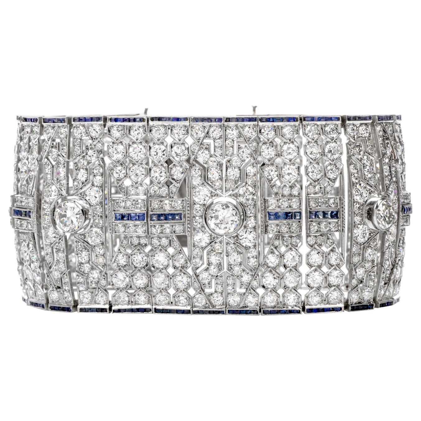 Wide Art Deco 41.78 Carat Diamond Sapphire Platinum Bracelet For Sale