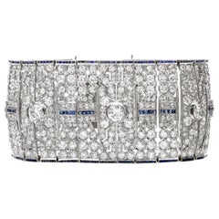 Wide Art Deco 41.78 Carat Diamond Sapphire Platinum Bracelet