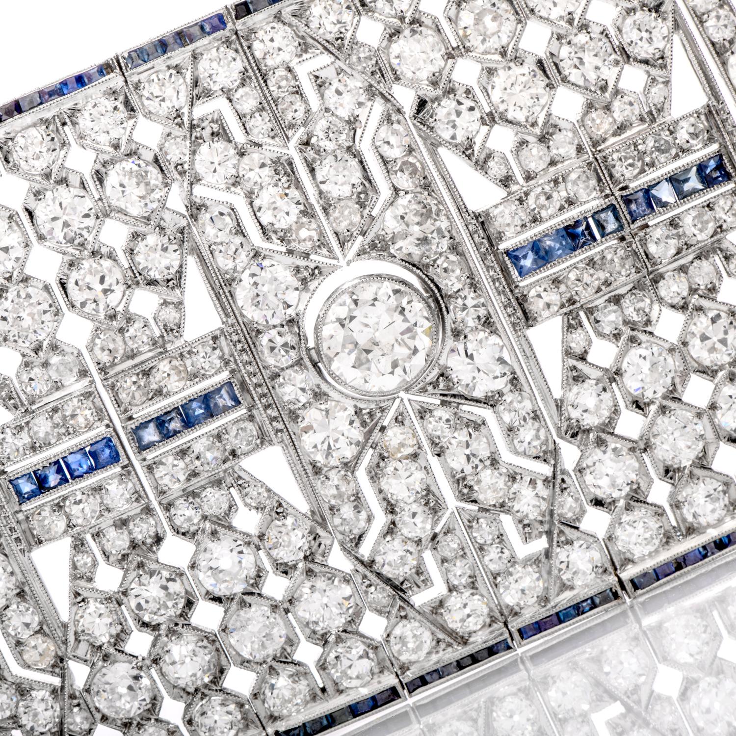 The look of a Baroness!

This stunning antique Bracelet was inspired in an Art Deco

motif and crafted in Luxurious Platinum,

Through the center and along both outter edges are French cut Sapphire

channelled into the design.

Prominently featured