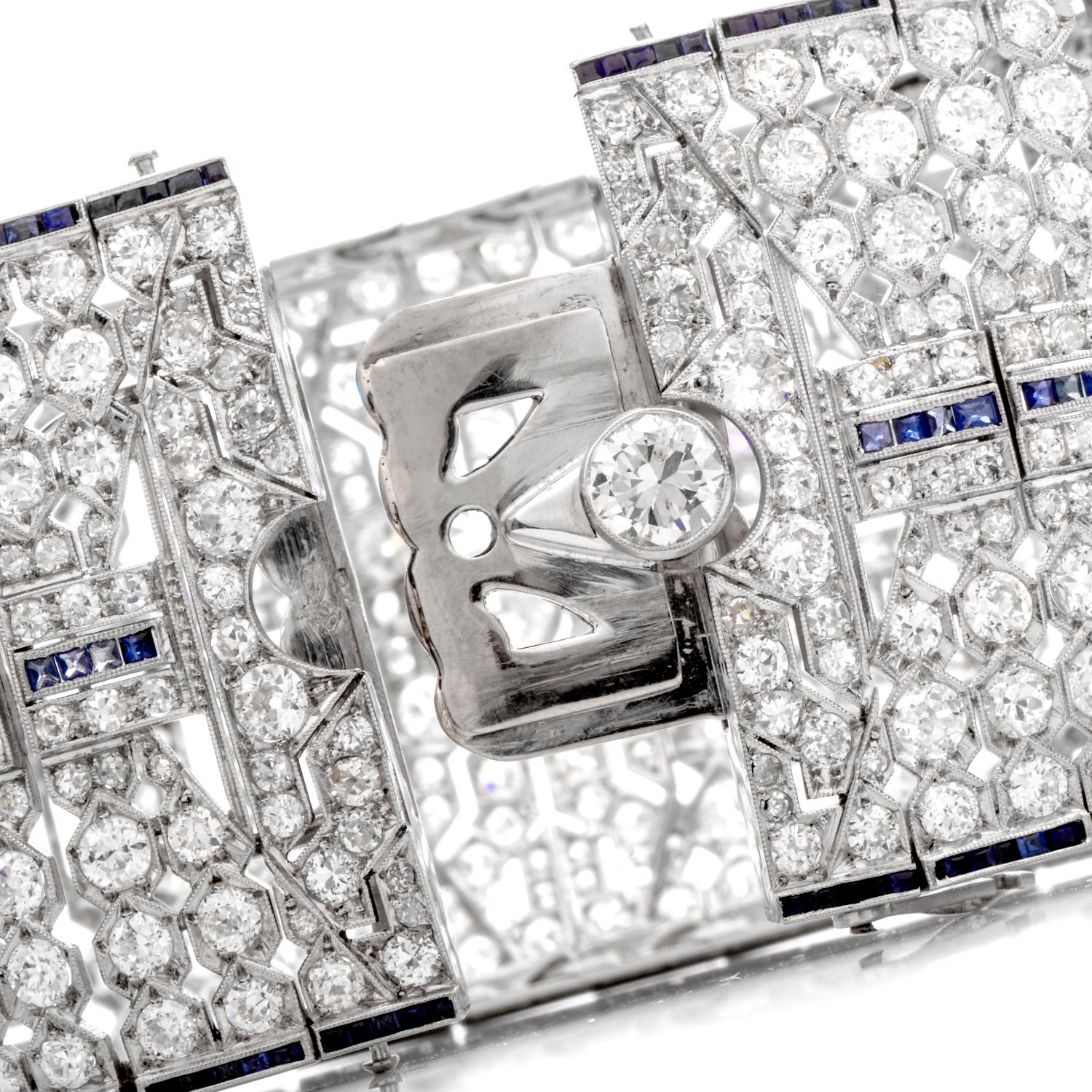 Taille ronde Bracelet large Art déco en platine avec diamants et saphirs de 41,78 carats en vente
