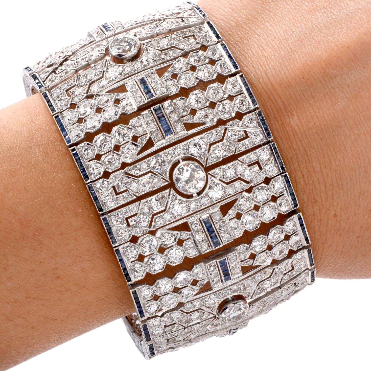Wide Art Deco 41.78 Carat Diamond Sapphire Platinum Bracelet In Excellent Condition For Sale In Miami, FL