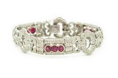 Wide Art Deco Style Diamond and Ruby White Gold Bracelet
