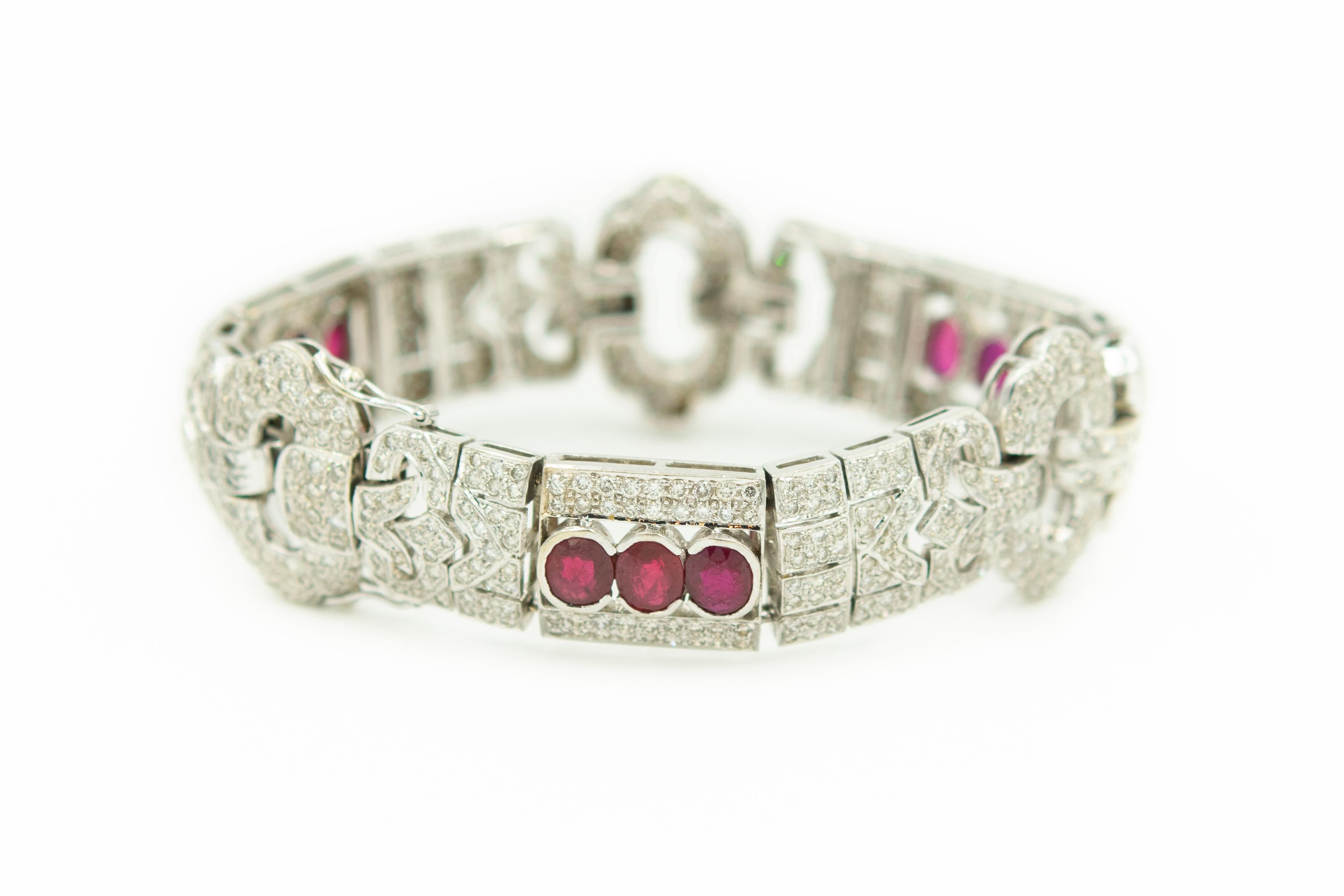 Round Cut Wide Art Deco Style Diamond and Ruby White Gold Bracelet For Sale