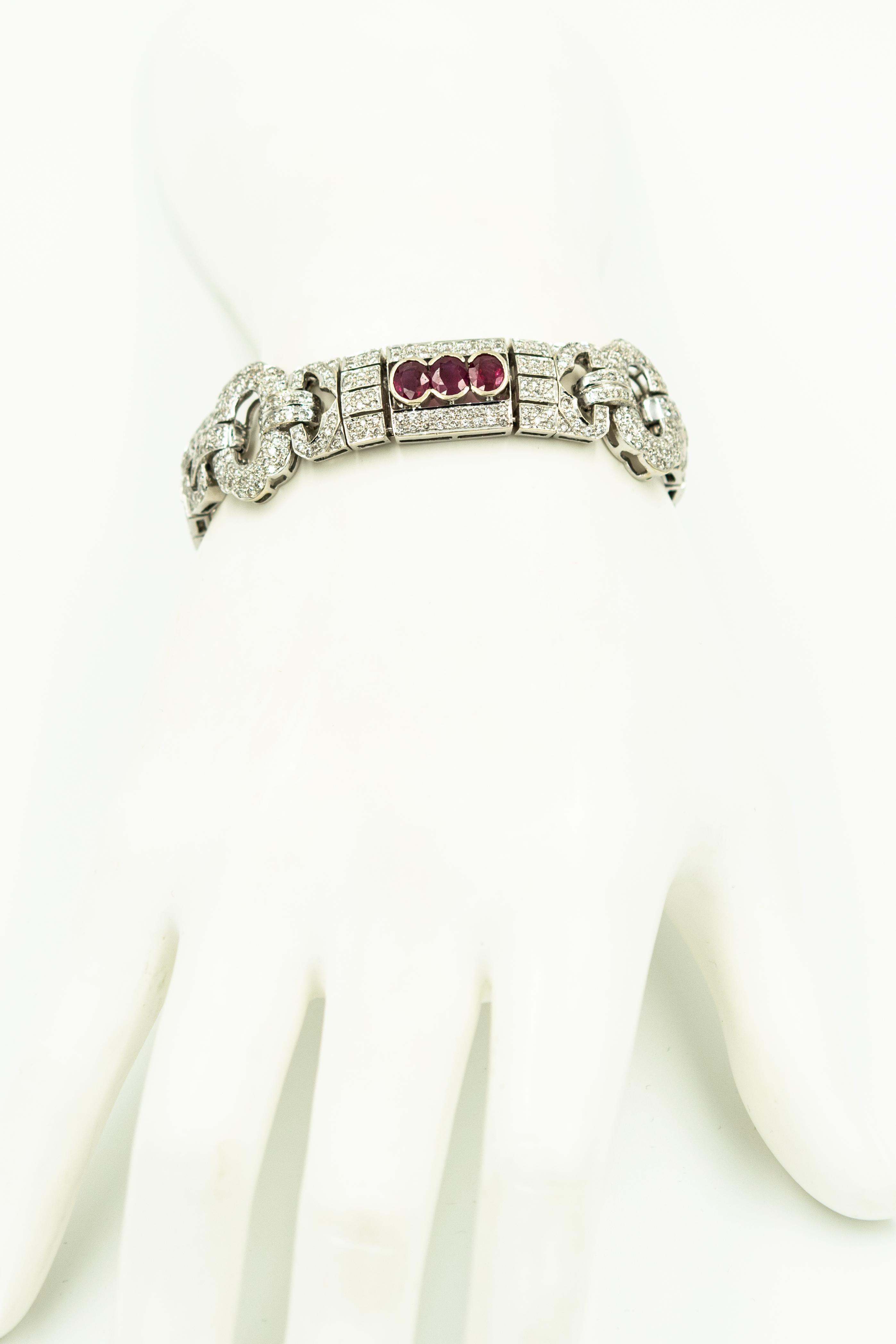 Women's Wide Art Deco Style Diamond and Ruby White Gold Bracelet For Sale