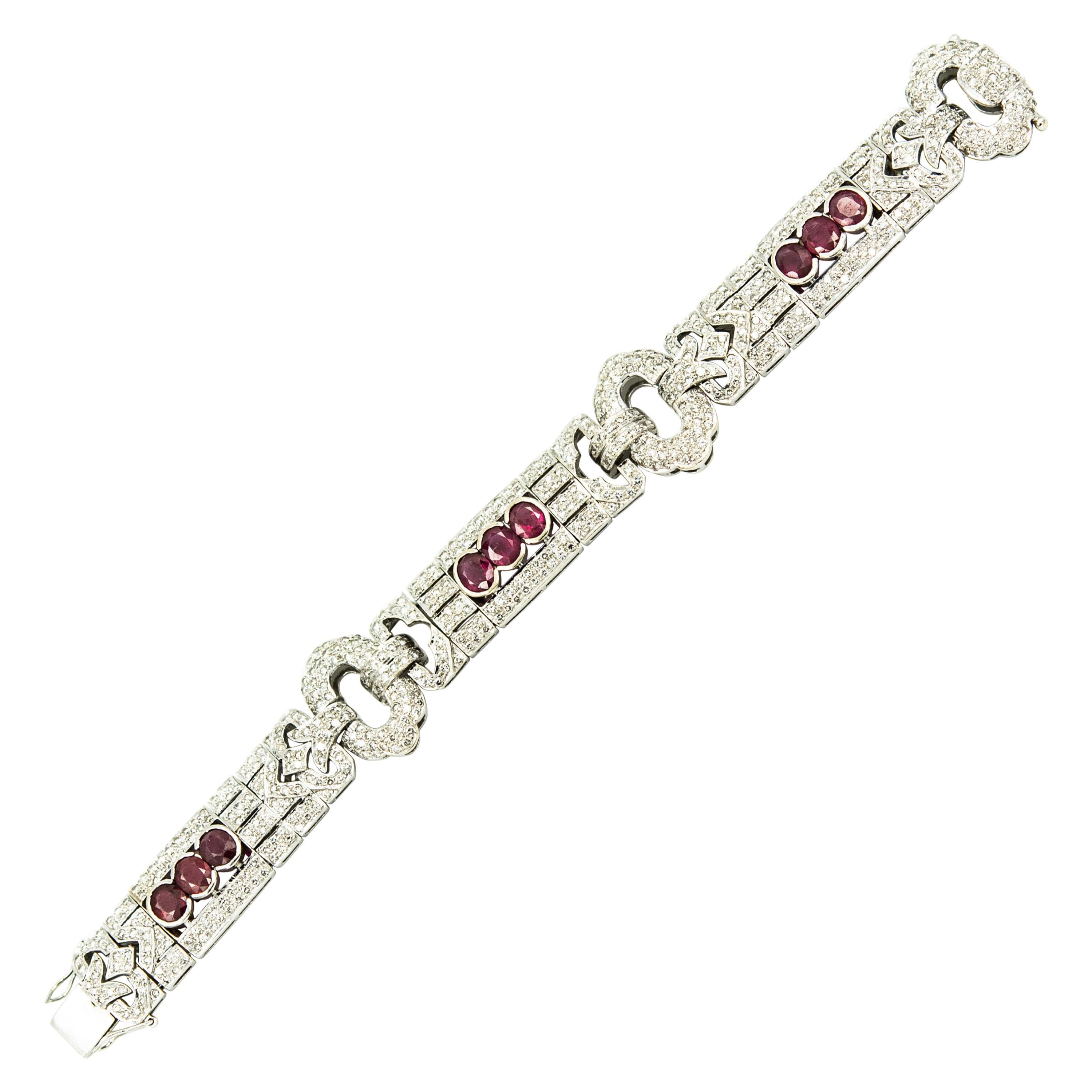 Wide Art Deco Style Diamond and Ruby White Gold Bracelet For Sale