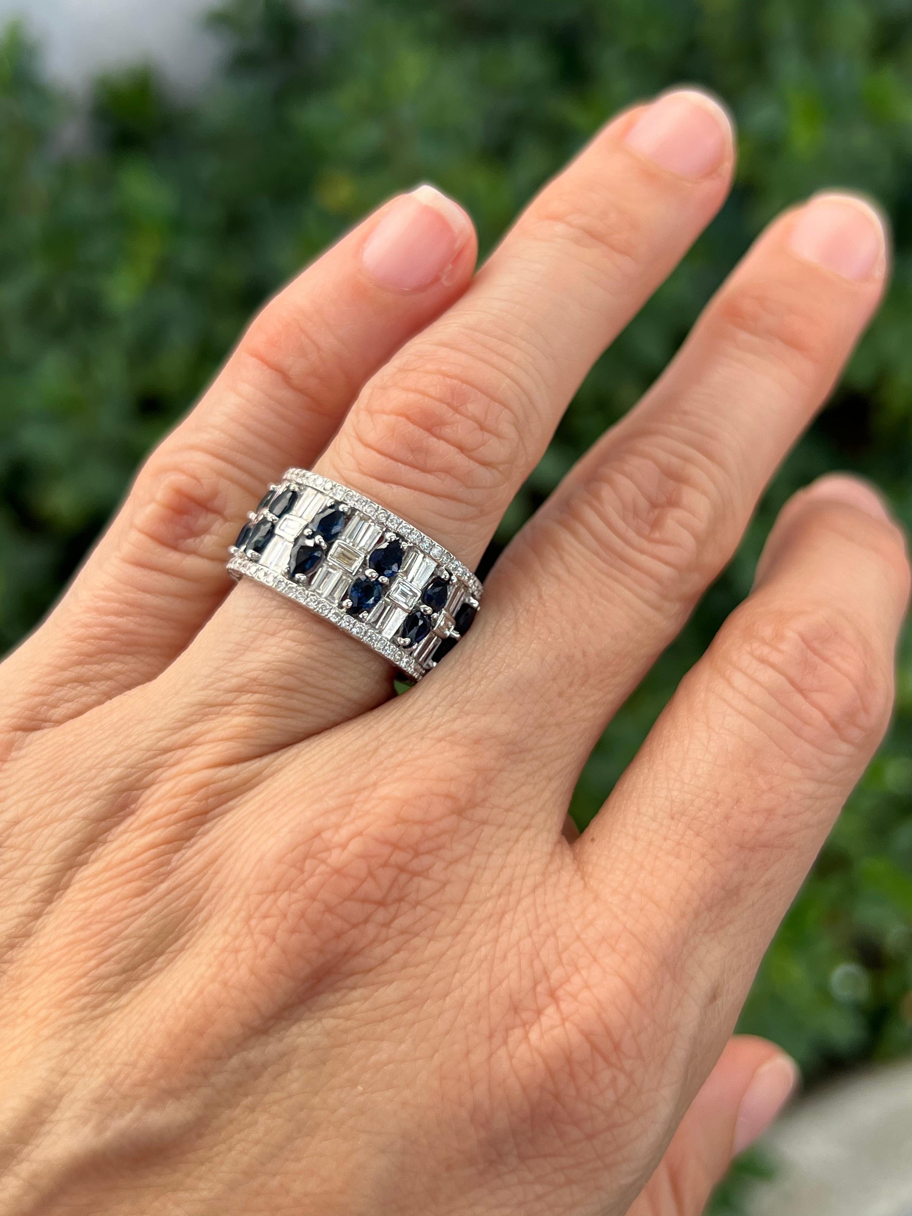 14K white gold baguette diamond eternity band with pear shape sapphires and prong set brilliant cut diamonds edge. 

Features
14K white gold
2.60 carat total weight in diamonds
5.10 carat total weight in sapphire
Ring size 7, cannot be sized. 