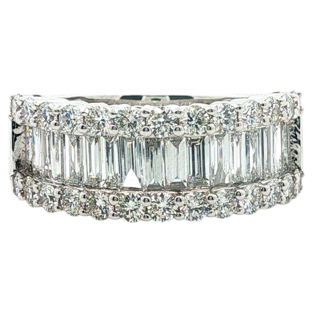 18K White Gold Baguette Diamond Band Ring, Round Brilliants 1.73 Carat
