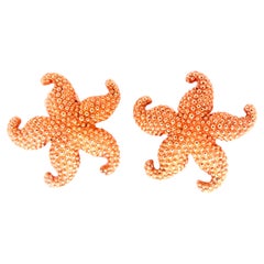 Wide Bahamas Star Fish Coral Beaded Earrings 14kt Gold 12580