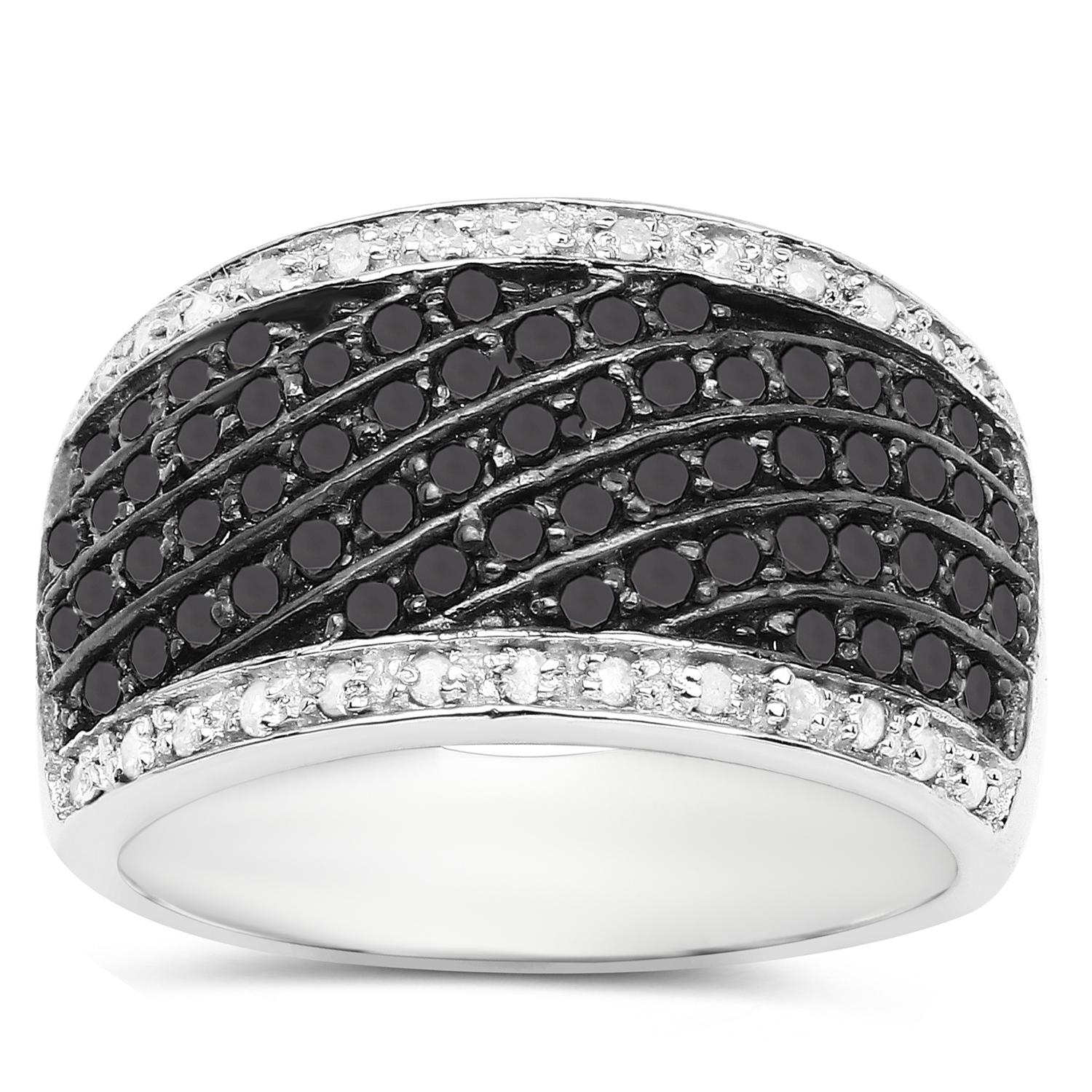 Anillo en racimo de banda ancha Diamantes blancos y negros Plata de ley en Excelente estado para la venta en Aliso Viejo, CA
