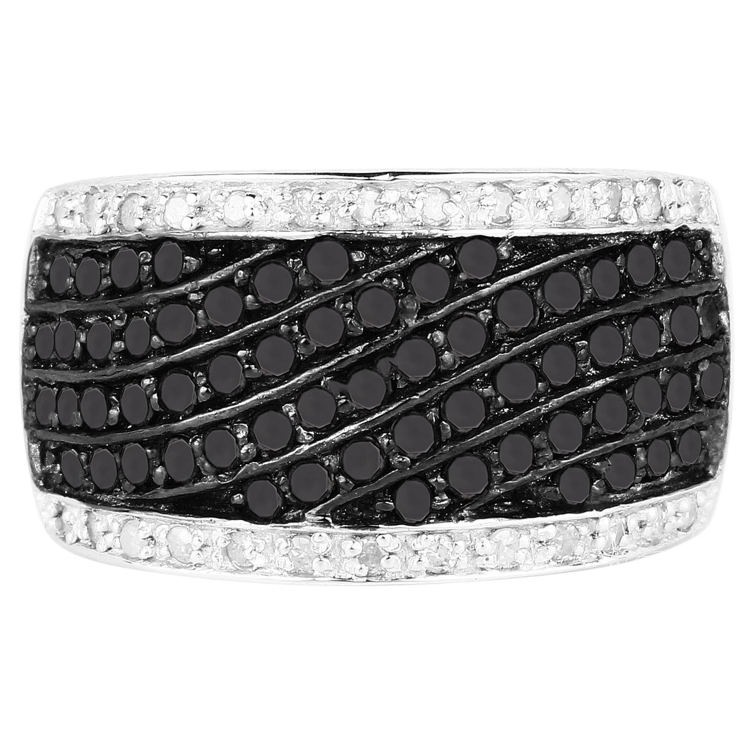 Anillo en racimo de banda ancha Diamantes blancos y negros Plata de ley