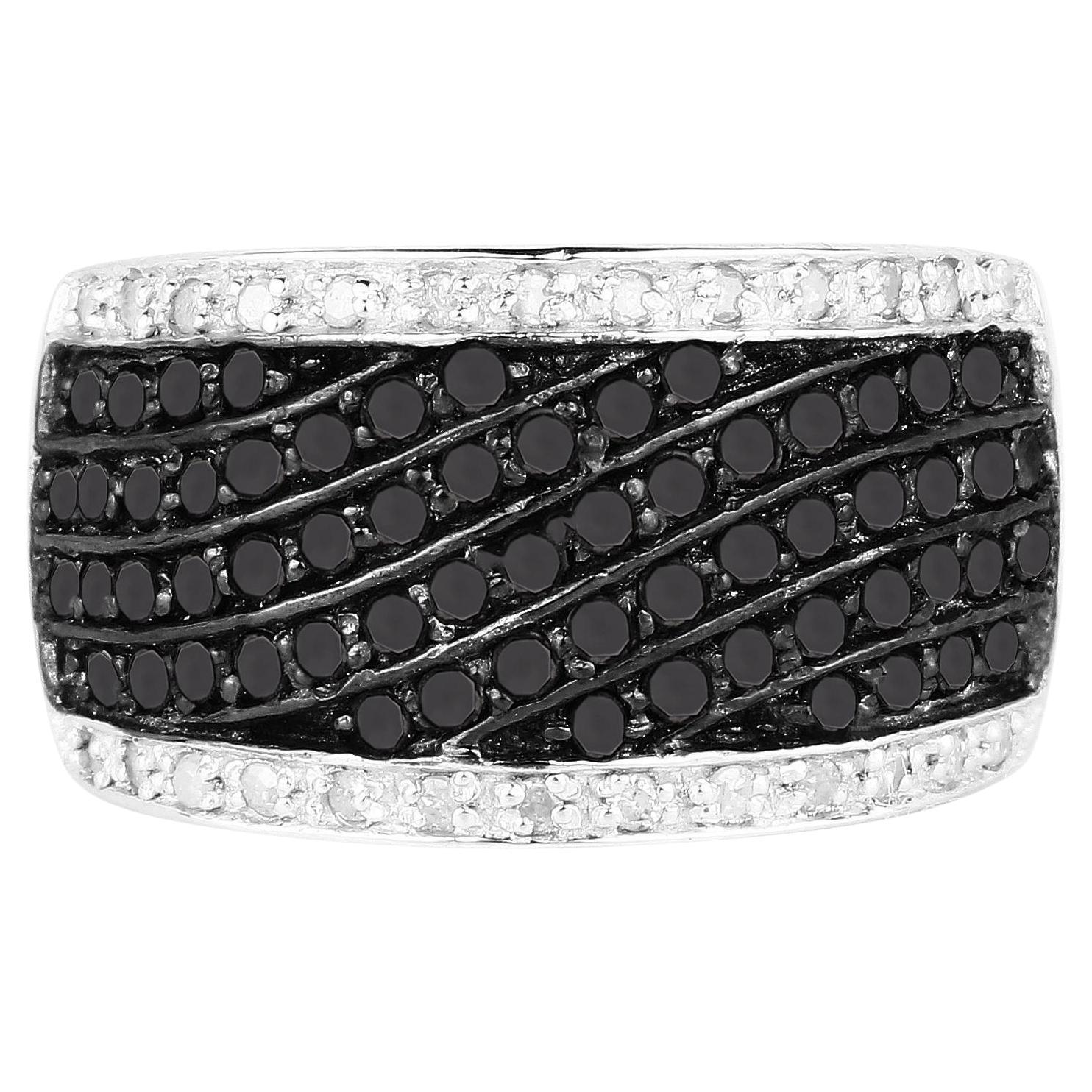 Wide Band Cluster Ring Black and White Diamonds Sterling Silver