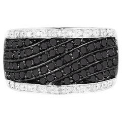 Wide Band Cluster Ring Black and White Diamonds Sterling Silver