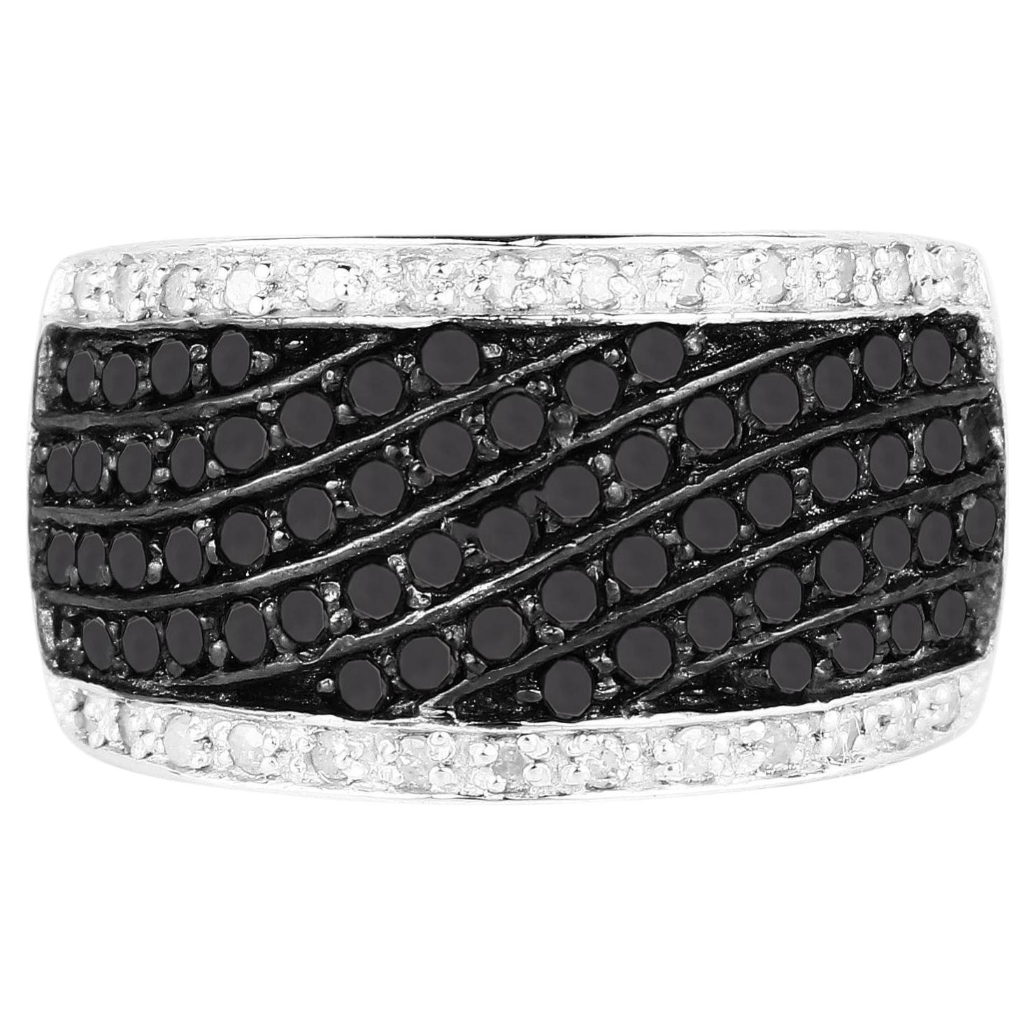 Bague à large bande et à grappes de diamants noirs et blancs en argent sterling