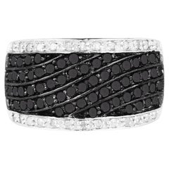 Wide Band Cluster Ring Black and White Diamonds Sterling Silver