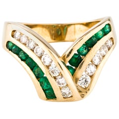Wide Band Emerald Diamond Row Cocktail Ring 14 Karat Gold Gem V Ribbon Design