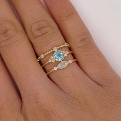Three Row Bezel Beaded Blue Topaz Diamond Stack Ring 14K Yellow Gold LR51606