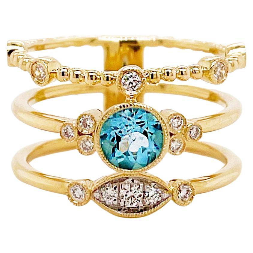 For Sale:  Wide Band Ring w Three Row Beaded Round Blue Topaz in 14K Yellow Gold