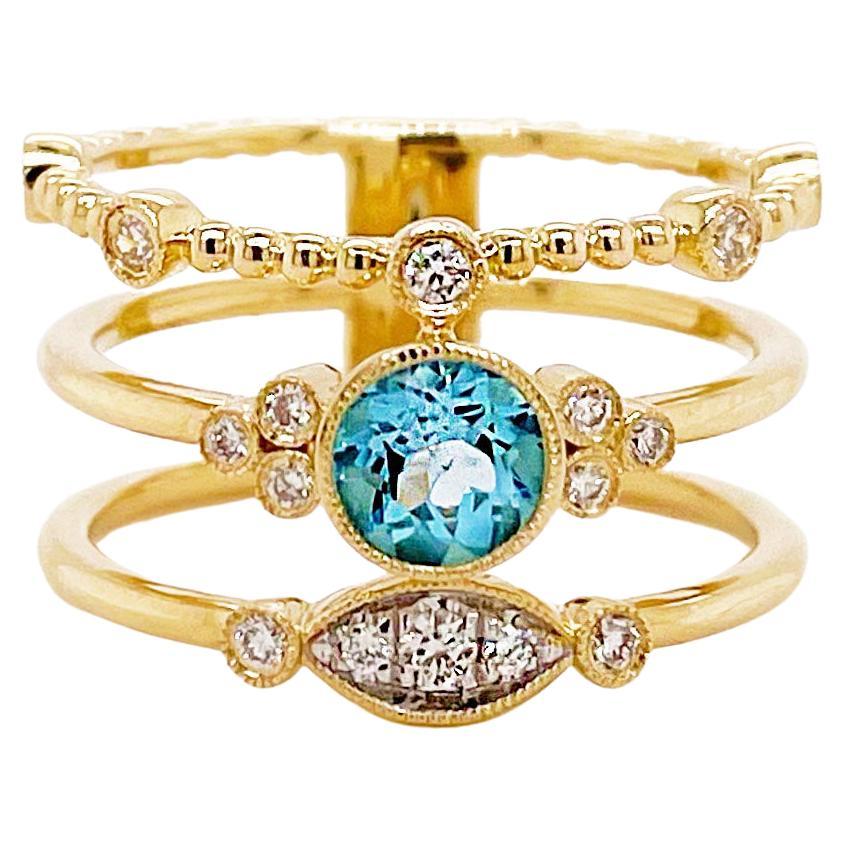 Wide Band Ring w Three Row Beaded Round Blue Topaz in 14K Yellow Gold