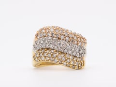 Wide Band Tri-Color Diamond Pave Ring 18K Gold Platinum 2ct Diamonds Statement