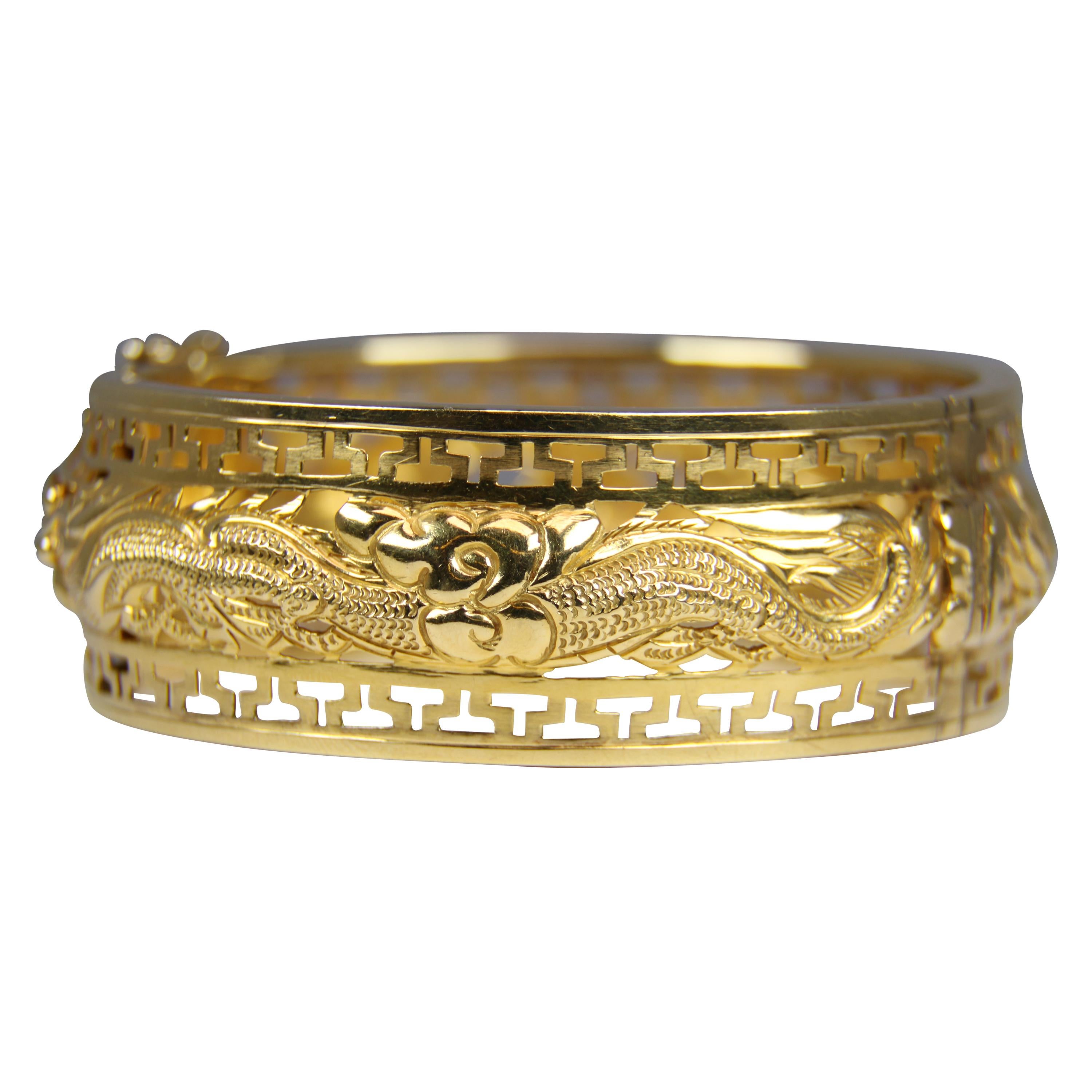 Wide Bangle Bracelet Ornate Design in 18 Karat Yellow Gold For Sale