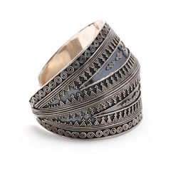Wide Beaded Tribal Cuff Bracelet, Sterling Silver