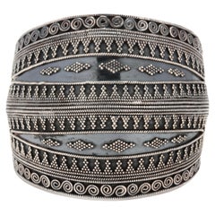 Wide Beaded Tribal Cuff Bracelet, Sterling Silver