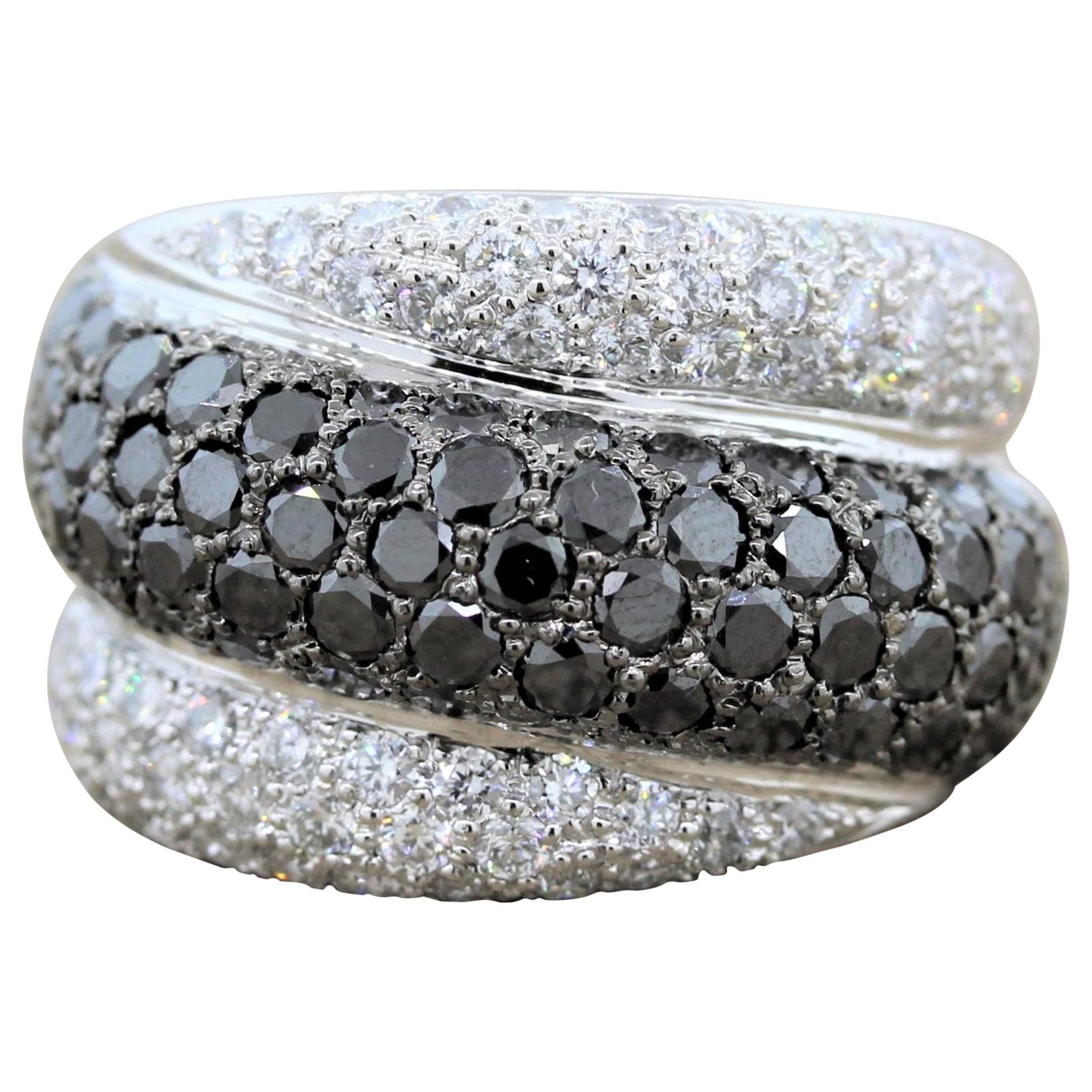 Wide Black and White Diamond Gold Band Ring