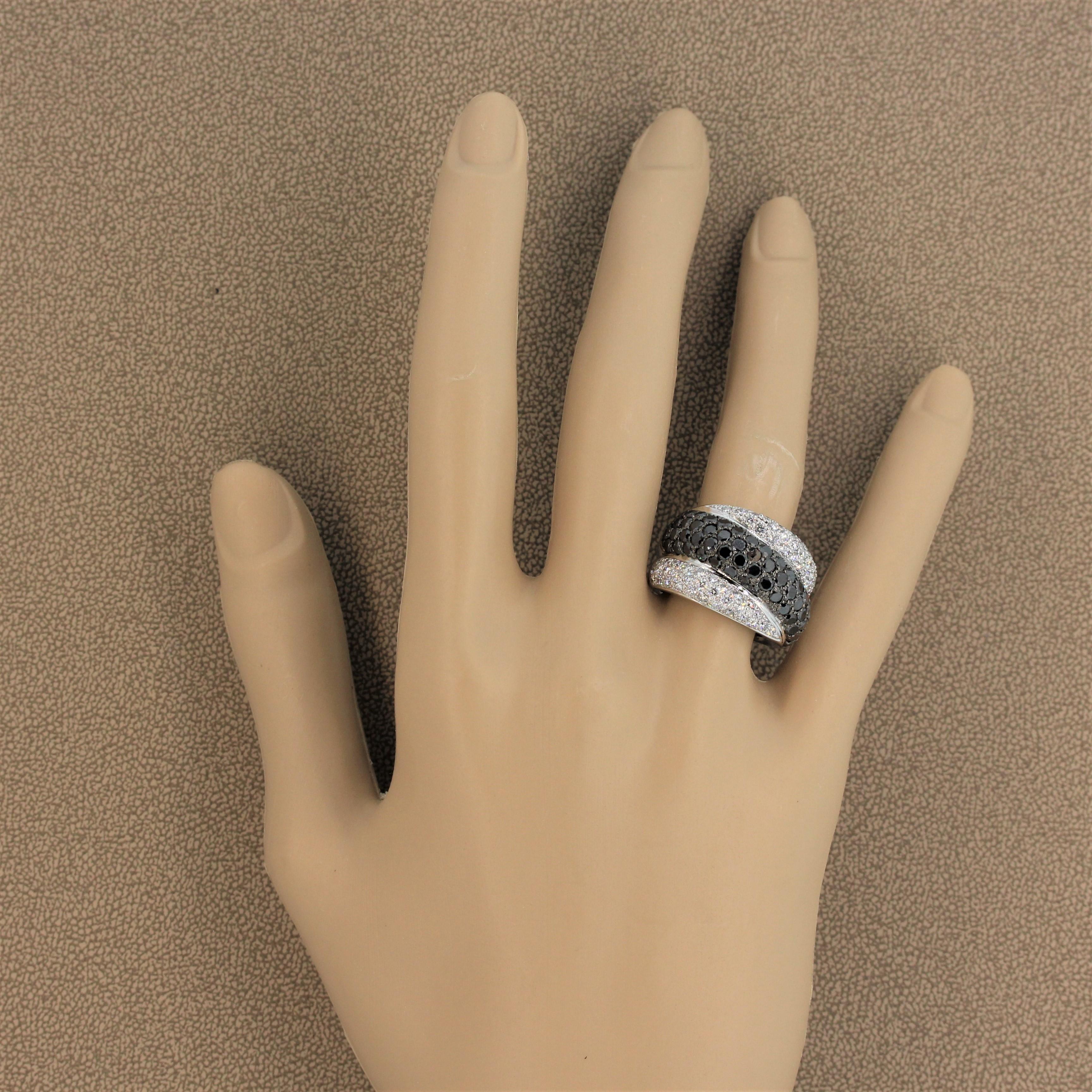 Wide Black and White Diamond Gold Band Ring 2