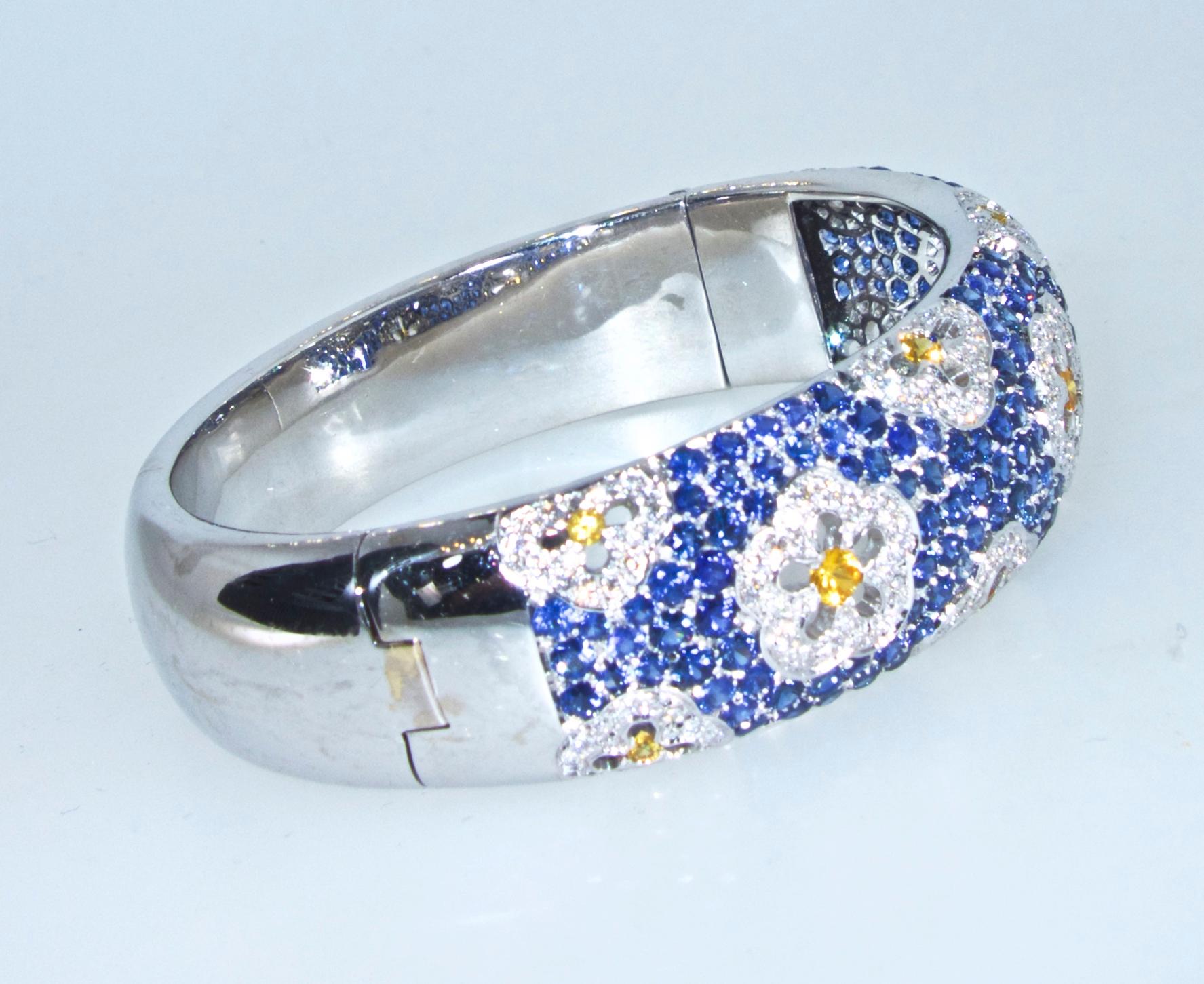 Contemporary Wide Blue and Yellow Sapphire and Diamond Bangle Bracelet