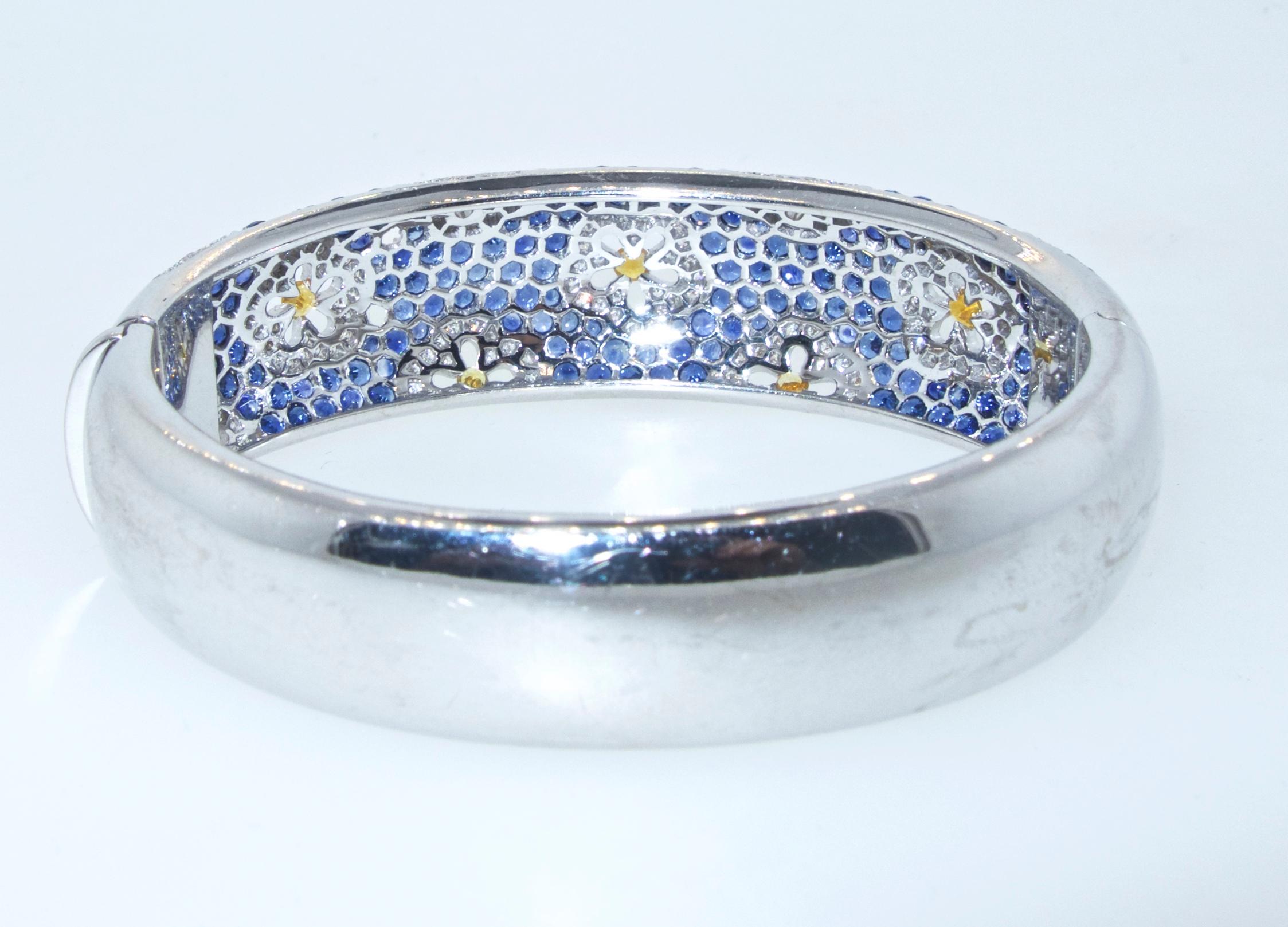 Wide Blue and Yellow Sapphire and Diamond Bangle Bracelet In Excellent Condition In Aspen, CO