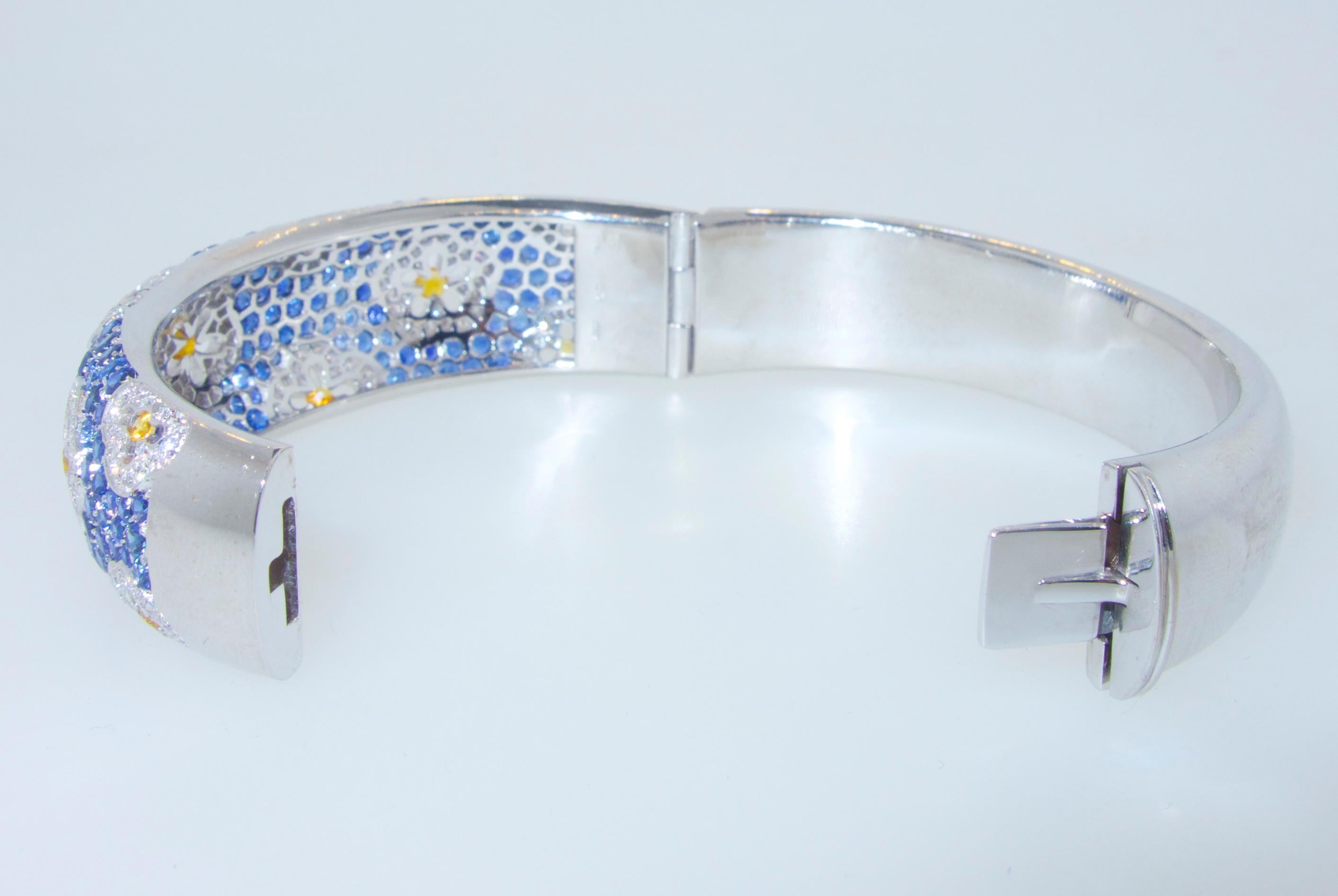 Women's or Men's Wide Blue and Yellow Sapphire and Diamond Bangle Bracelet