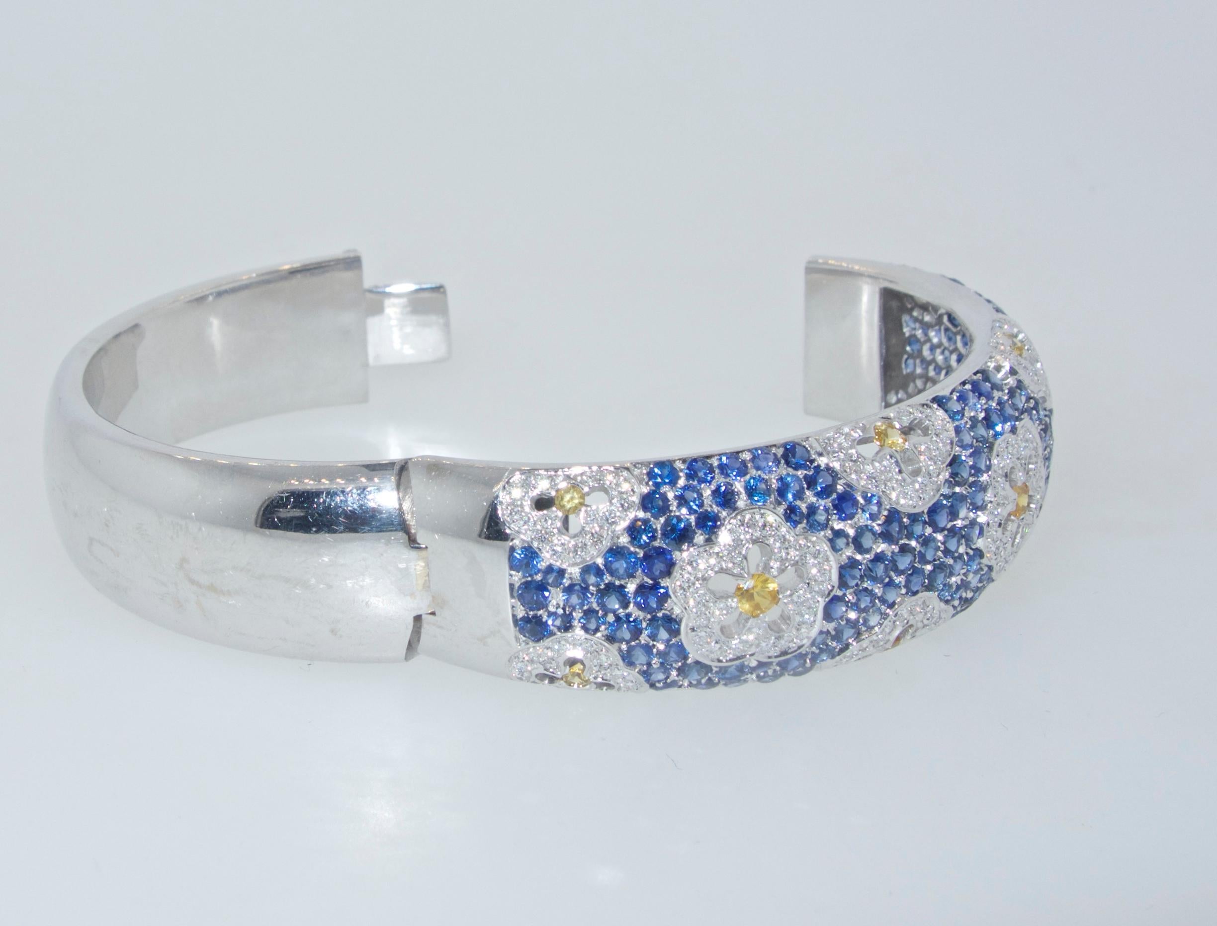 Wide Blue and Yellow Sapphire and Diamond Bangle Bracelet 1