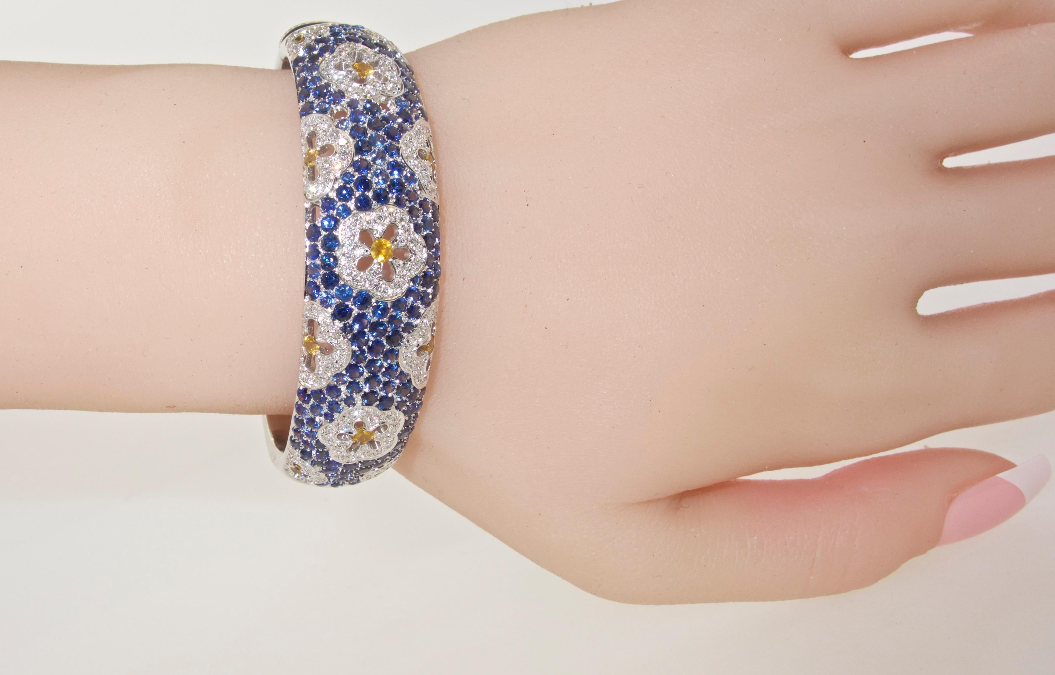Wide Blue and Yellow Sapphire and Diamond Bangle Bracelet 2