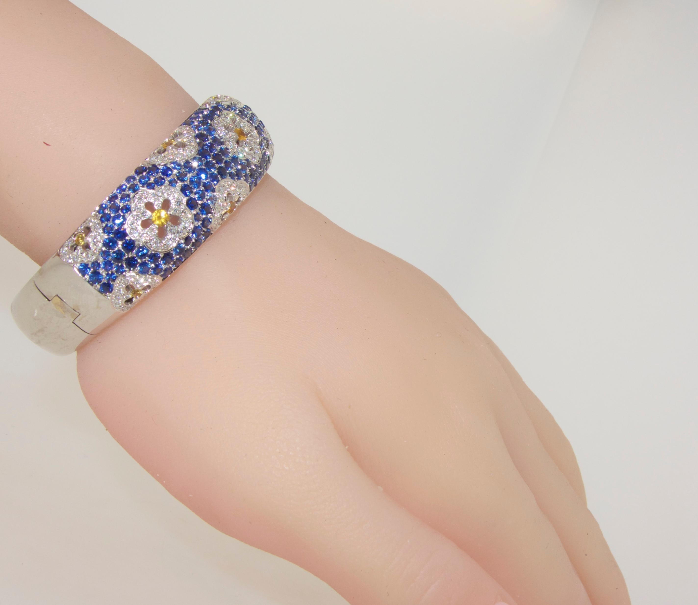 Wide Blue and Yellow Sapphire and Diamond Bangle Bracelet 4