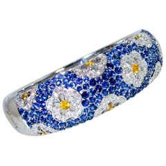 Wide Blue and Yellow Sapphire and Diamond Bangle Bracelet
