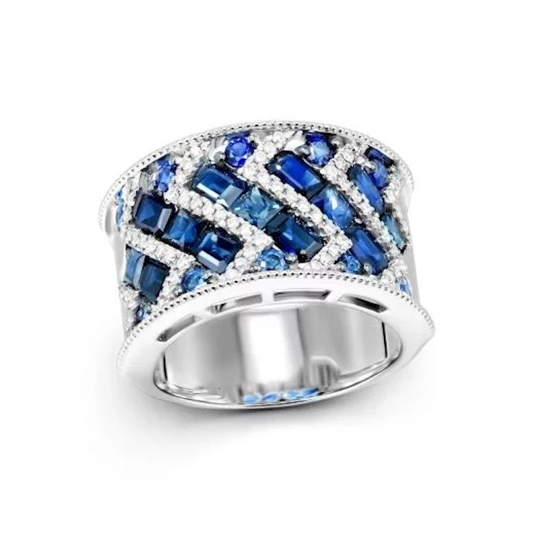 Wide Blue Sapphire Diamond 18K Gold Ring for Her In New Condition For Sale In Genève, GE