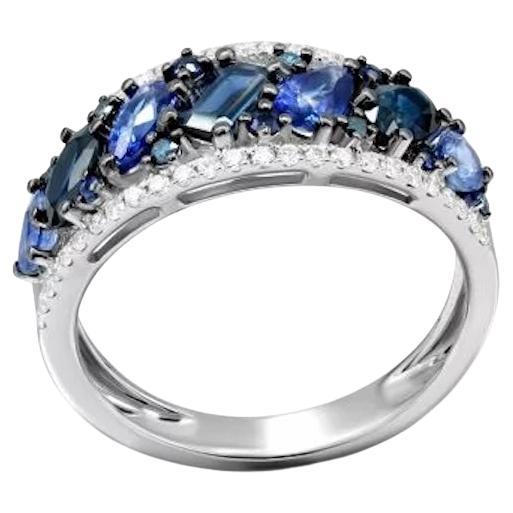 Wide Blue Sapphire Diamond 18K Gold Ring for Her