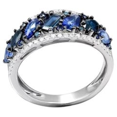 Wide Blue Sapphire Diamond 18K Gold Ring for Her