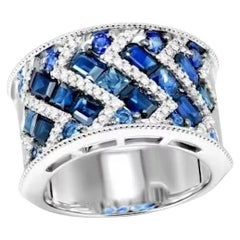 Wide Blue Sapphire Diamond 18K Gold Ring for Her
