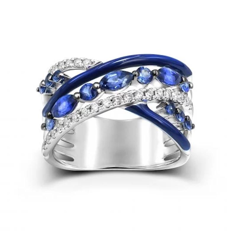 Baguette Cut Wide  Blue Sapphire Diamond White Gold Exclusive 18K Ring for Her For Sale