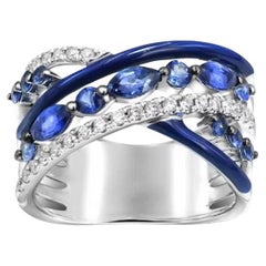 Wide  Blue Sapphire Diamond White Gold Exclusive 18K Ring for Her