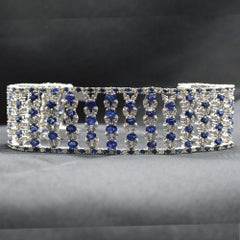 Wide Bracelet Blue Sapphire and Diamond Bracelet 14 Karat White Gold