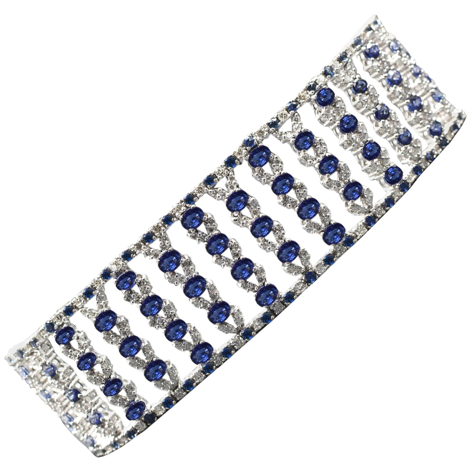 Wide Bracelet Blue Sapphire and Diamond Bracelet 14 Karat White Gold For Sale