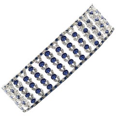 Wide Bracelet Blue Sapphire and Diamond Bracelet 14 Karat White Gold