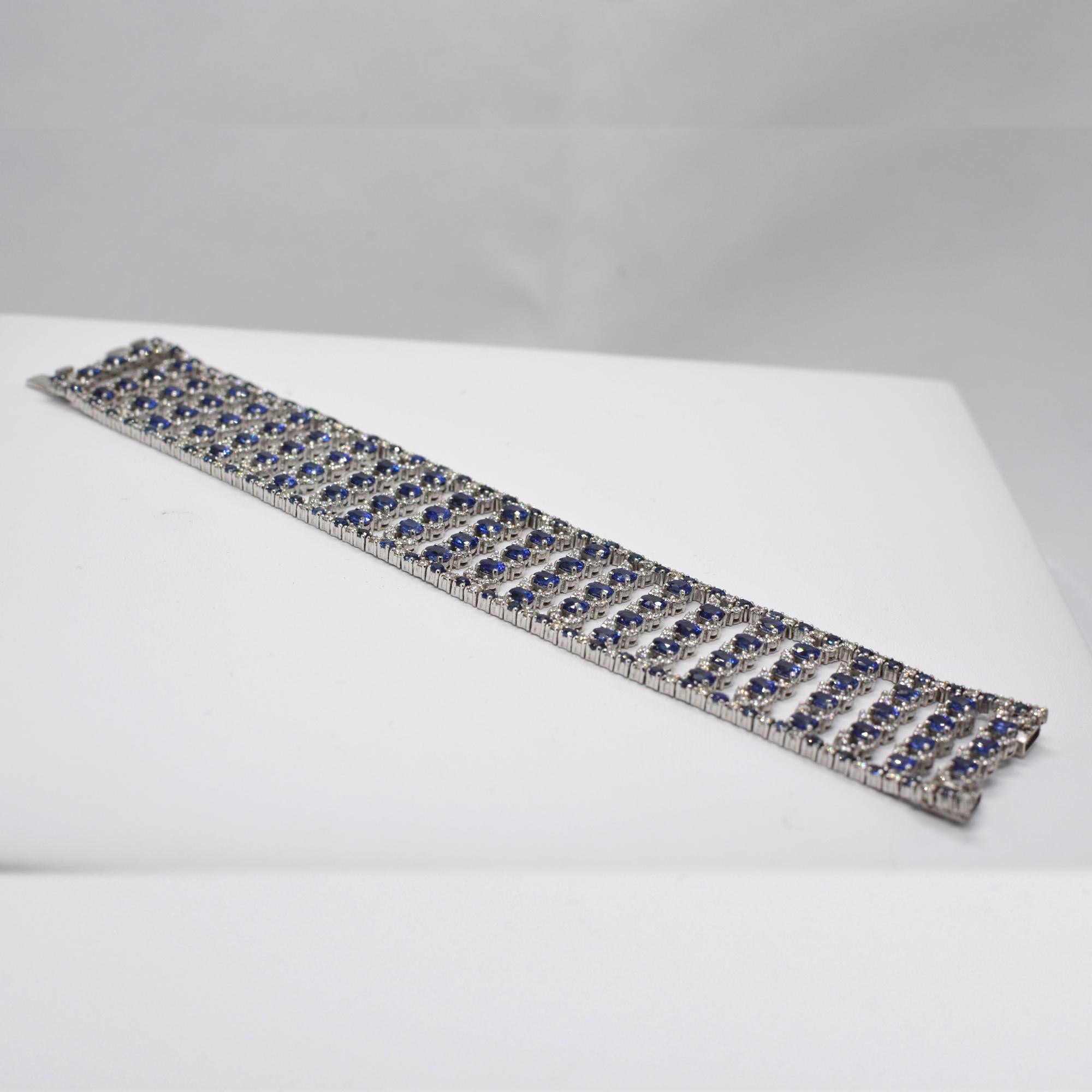 Wide Bracelet Blue Sapphire and Diamond Bracelet 14 Karat White Gold For Sale 5